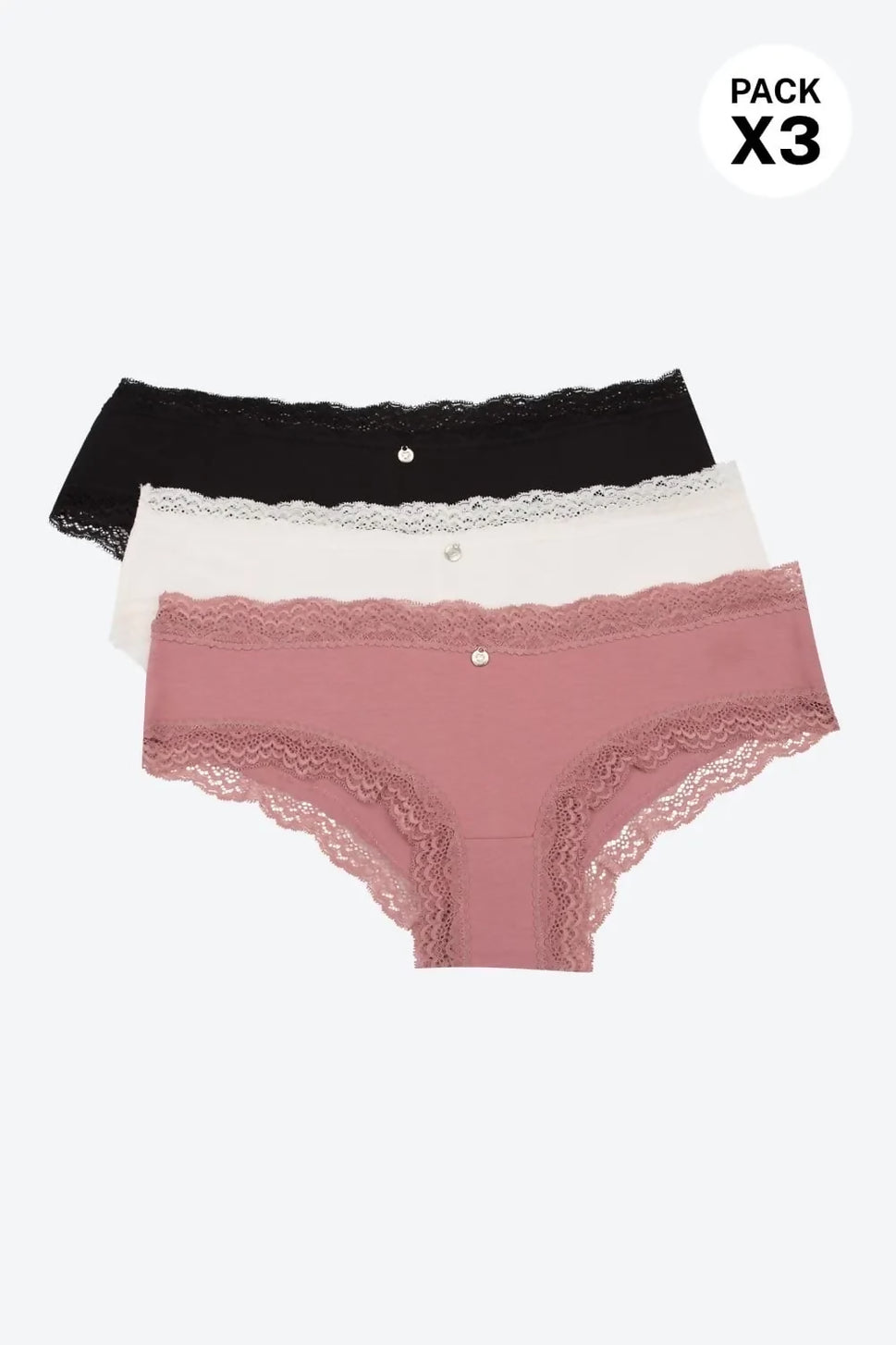 Panty hipster con encaje paquete x3 en algodón
